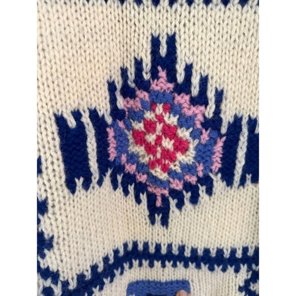 Hand-Knitted Shetland Wool Sweater By Susann D M Cream Blue Pink Aztec Tribal - - Picture 8 of 9